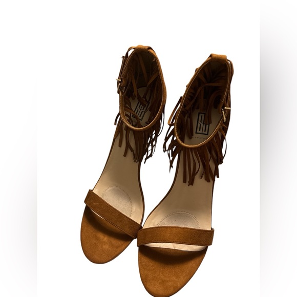 Cognac Fringe Ankle Heeled Sandals - Picture 1 of 7